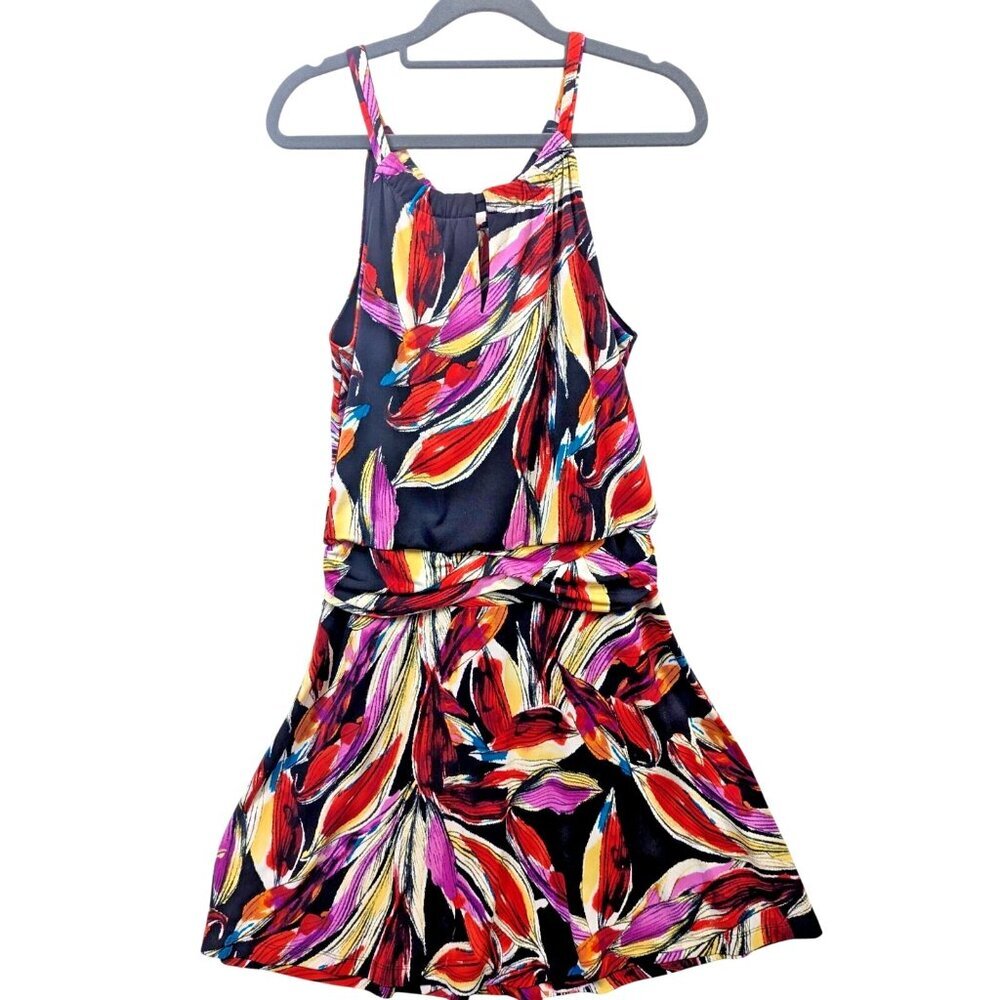 Valerie Bertinelli sz 12 Colorful Tropical Floral Drop Waist Halter Sheath Dress